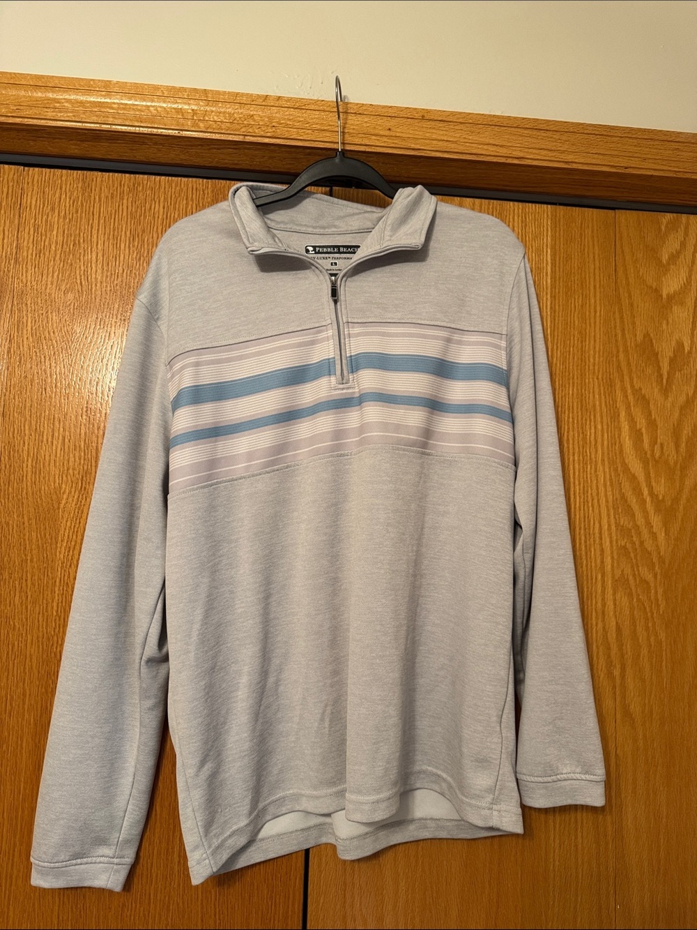 Pebble Beach Light Blue Striped Quarter-Zip Sweater